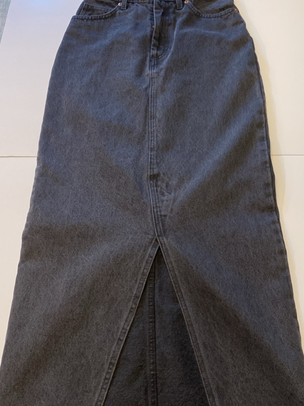 High-Waist Black Denim Maxi Skirt with Front Vent